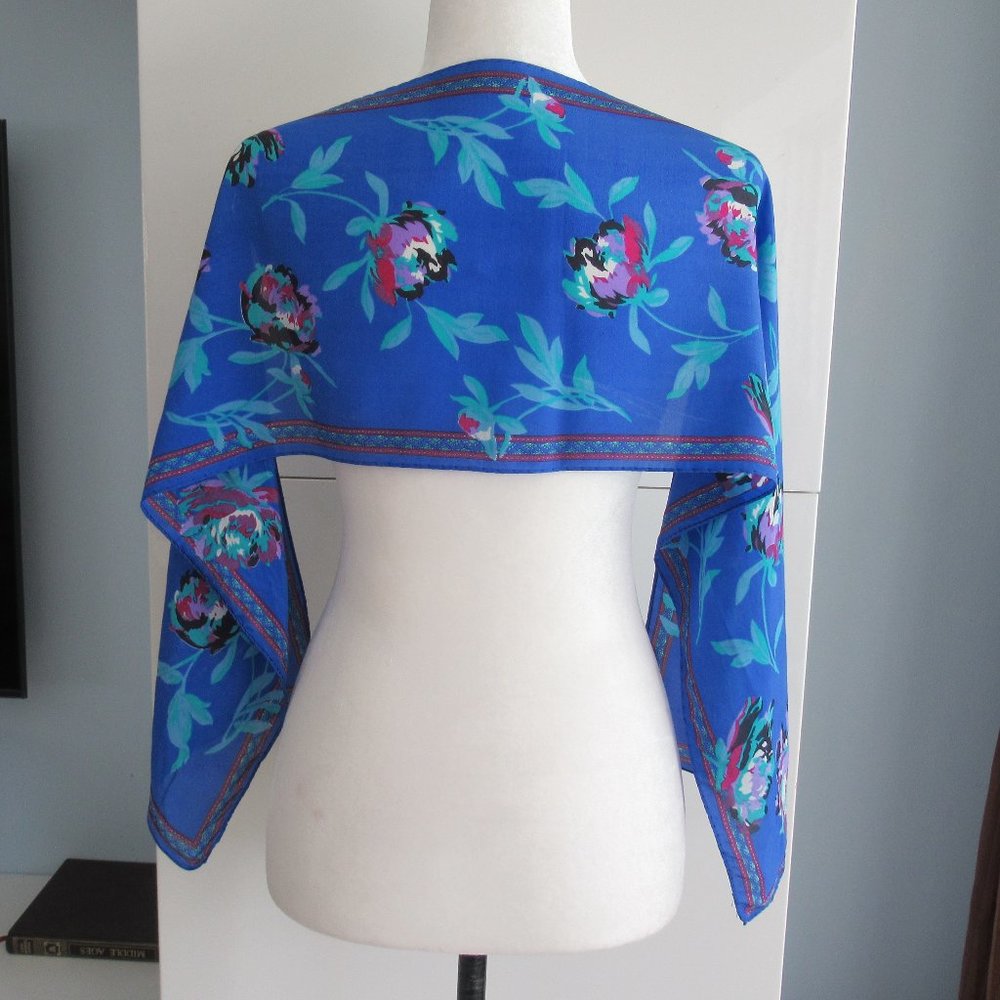 Rectangular Floral Pattern Scarf 10" x 52" Made in Italy, Blue, Purple, Black